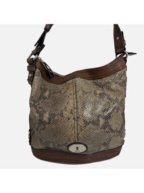 Fossil Leather Bucket Shoulder Bag Snake Themed Zipper Closure
